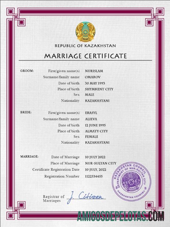 Imprimível modelo PSD de certidão de casamento do Cazaquistão